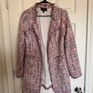Laundry By Shelli Segal Pink Multicolor Tweed Fringed Open Blazer